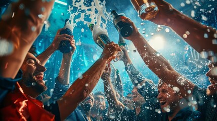 Victorious Team Celebrating Championship with Champagne Shower