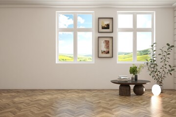 White empty room with summer landscape in window. Scandinavian interior design. 3D illustration