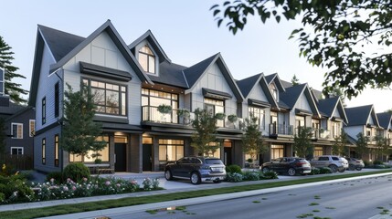 Obraz premium modern minimalist townhouses, featuring three stories and gable roofs, with grey bodywork accented by white trim, embodying a sleek and sophisticated urban living aesthetic.