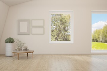 White empty room with summer landscape in window. Scandinavian interior design. 3D illustration