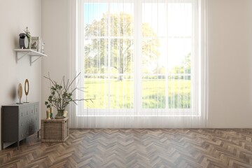 White empty room with summer landscape in window. Scandinavian interior design. 3D illustration
