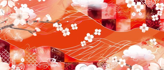 A pattern of checkered squares in shades of red and orange, adorned with delicate white flowers and clouds The background is filled with patterns in the style of Japanese Generative AI