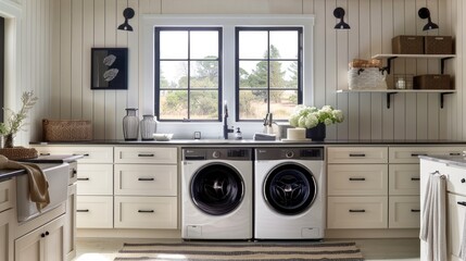 a bright and airy laundry room designed in farmhouse style, adorned with white cabinets, black hardware, and an industrial sink, complemented by large windows, sleek modern appliances.