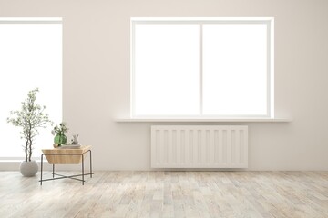 White living room with sofa. Scandinavian interior design. 3D illustration