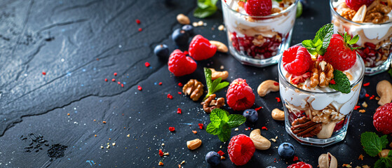 Vegan dessert in glasses with berries mint nuts