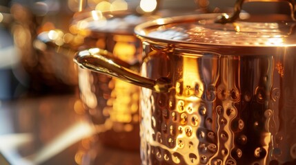 A close-up of a shiny copper pot gleaming on a sunlit kitchen countertop, a timeless symbol of culinary craftsmanship.