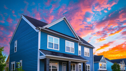 A captivating cobalt blue house with siding, adding a splash of bold color to the suburban scenery, under a vibrant sky.