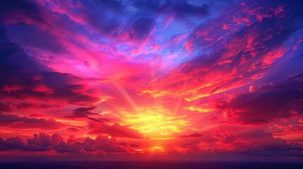   The sun sets over the ocean, tinting clouds red, blue, yellow, and purple