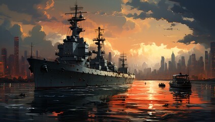 Naklejka premium a painting of a battleship in the water with a city in the background at sunset