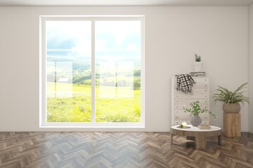 Fototapeta premium White empty room with summer landscape in window. Scandinavian interior design. 3D illustration