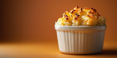 Single ramekin of shepherds pie on a warm toned background