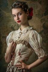 A young woman exudes timeless elegance and grace in vintage attire