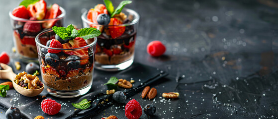 Vegan dessert in glasses with berries mint nuts - Powered by Adobe