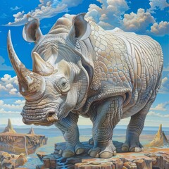 Fototapeta premium A rhinoceros stands on a cliff overlooking a valley