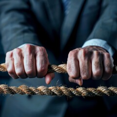 A man walking on a rope bridge over a chasm