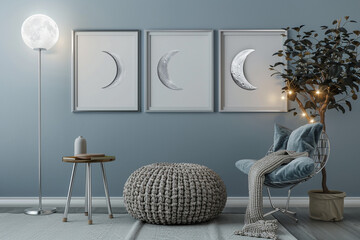 A calm, Scandinavian styled living room boasting an icy blue wall. Three mock-up poster frames in frosty silver, each showcasing different phases of the moon, hang against the wall.