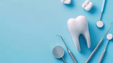 A clinical tooth model is presented with an organized set of dental tools on a bright blue surface