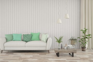 White living room with sofa. Scandinavian interior design. 3D illustration