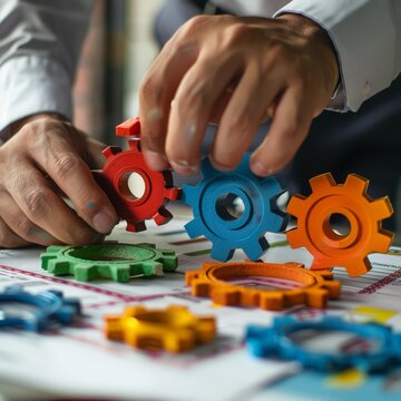 A business person is holding a gear