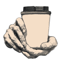 Hand drawn, pen and ink, hands holding coffee cup illustration.