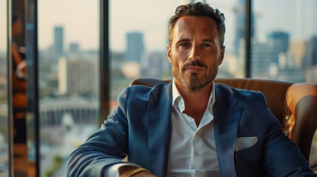 A charismatic businessman in casual suit enjoys the daylight in his office, representing success and ease