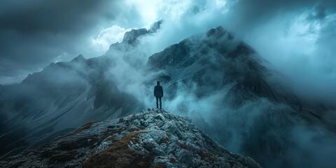Anonymous tourist standing on rocky mountains under stormy sky