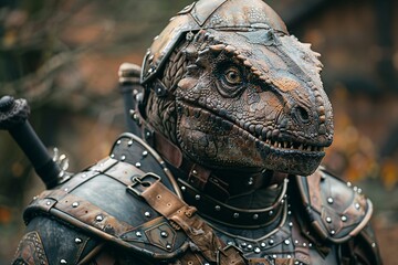 Naklejka premium Photograph of a fearsome Tyrannosaurus Rex equipped with intricate armor, showcasing the fusion of ancient strength and futuristic technology