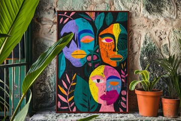 Oil Pastels Abstract Art: Vibrant Floral Faces on Stone - Modern Interior Poster