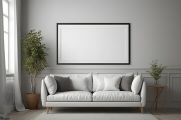 Scandinavian-style living room with white sofa and white empty frame on the wall. Minimal living room