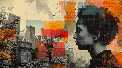 Fototapeta premium a collage of a woman's face and buildings in the background