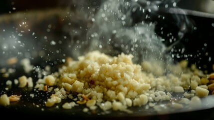 A close-up of minced garlic sizzling in a hot pan, releasing its aromatic essence into a traditional Thai stir-fry.