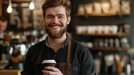 Smiling Barista Holding Coffee Cup
