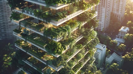 Obraz premium An extremely detailed painting of a futuristic and eco-friendly skyscraper covered in plants and vegetation, with a beautiful sunset in the background