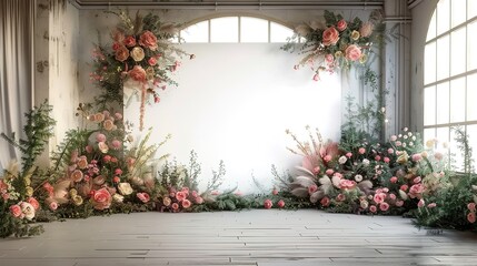 Fototapeta na wymiar wedding backdrop aesthetic flower decoration indoor studio white background