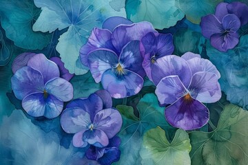 A watercolor painting of purple pansies with green leaves.