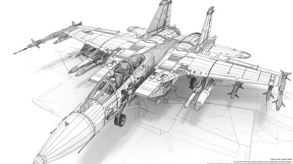 Advanced jet fighter mesh wireframe, detailing cockpit and weaponry