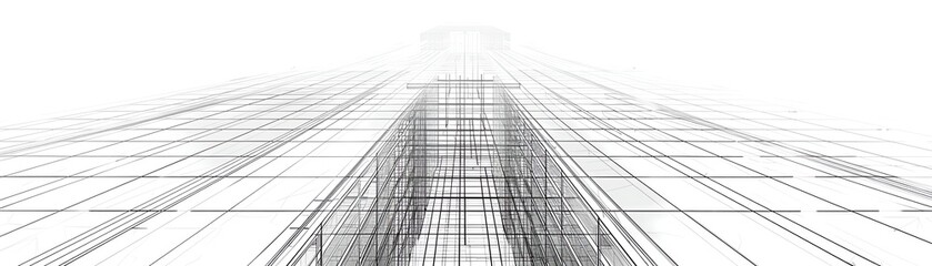 Architectural mesh wireframe of a skyscraper, with an emphasis on the facade and core