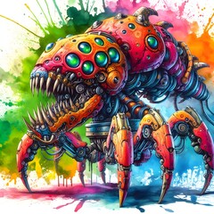 A brightly colored watercolor painting of a six-legged biological machine.