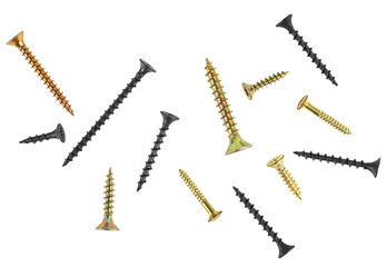 Group of different screws isolated on a white background, view from above.