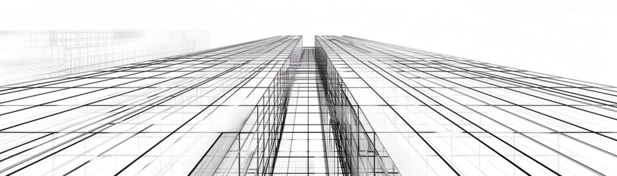 Architectural mesh wireframe of a skyscraper, with an emphasis on the facade and core