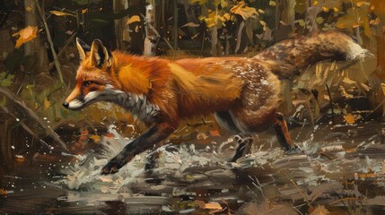 Fototapeta premium A watercolor painting of a red fox standing in a stream surrounded by autumn leaves and foliage