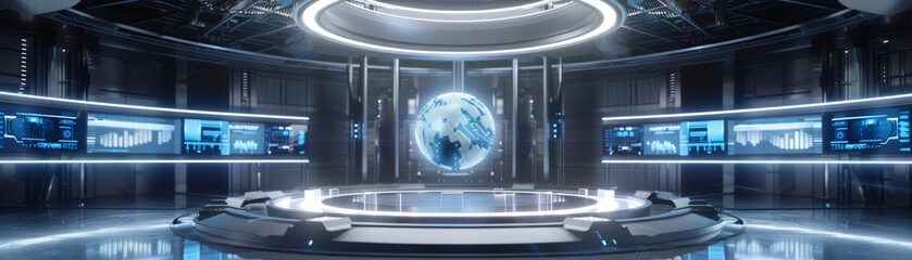 A 3D rendering of a futuristic command center with a large globe in the center and screens on the walls.
