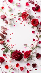 Top view Valentine's Day concept. Flowers composition and round frame made of rose flowers and confetti on white background with copy space.