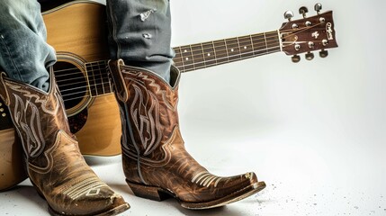 a cowboy hat, lasso, and boots set against a white background, accompanied by a guitar, evoking the spirit of the Wild West and the soulful tunes of country melodies. - obrazy, fototapety, plakaty
