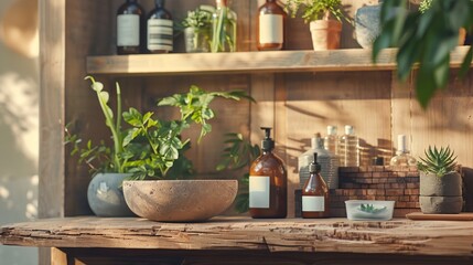 a wooden table topped with bottles and plants next to a shelf