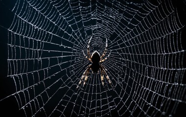 Fototapeta premium spider on the web with dew drops in the dark night