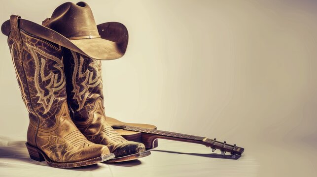 a cowboy hat, lasso, and boots set against a white background, accompanied by a guitar, evoking the spirit of the Wild West and the soulful tunes of country melodies.