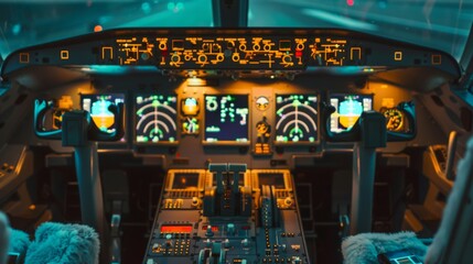 A close-up shot of a commercial airplane cockpit with pilots preparing for departure, showcasing the technology and precision of modern aviation.