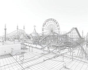 Detailed mesh wireframe of a sprawling amusement park with roller coasters and ferris wheels