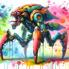 A brightly colored watercolor painting of a six-legged biological machine.